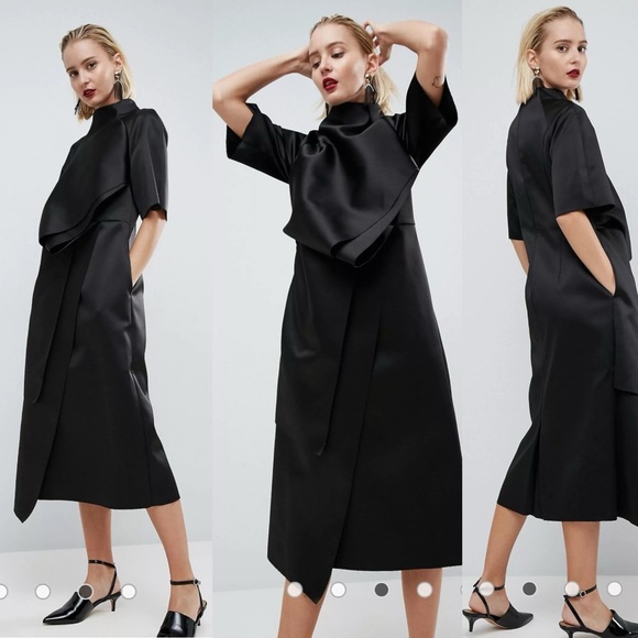 ASOS Dresses & Skirts - ASOS WHITE Black Satin Midi Dress With Tuck Detail